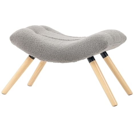 Repose-pieds en tissu bouclette, rembourré, pieds en bois de hêtre, gris clair