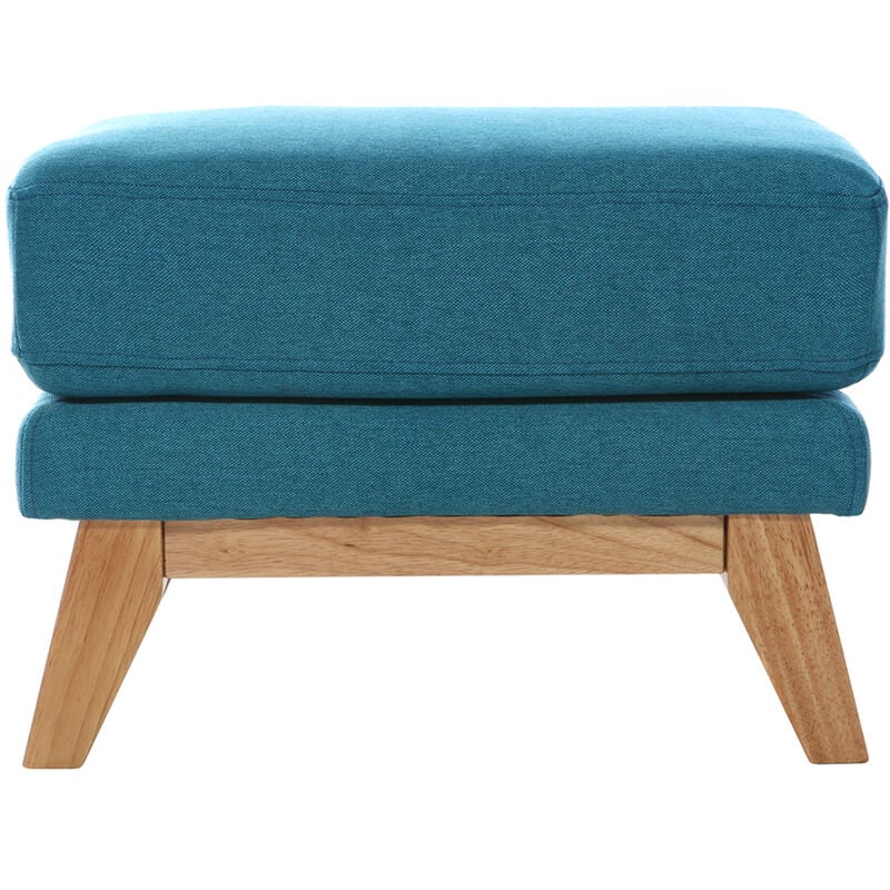 Pouf repose-pieds déhoussable scandinave en tissu bleu canard et bois clair oslo