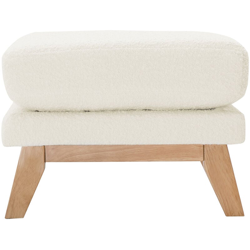 Pouf repose-pieds déhoussable scandinave en tissu effet laine bouclée blanc cassé et bois clair oslo