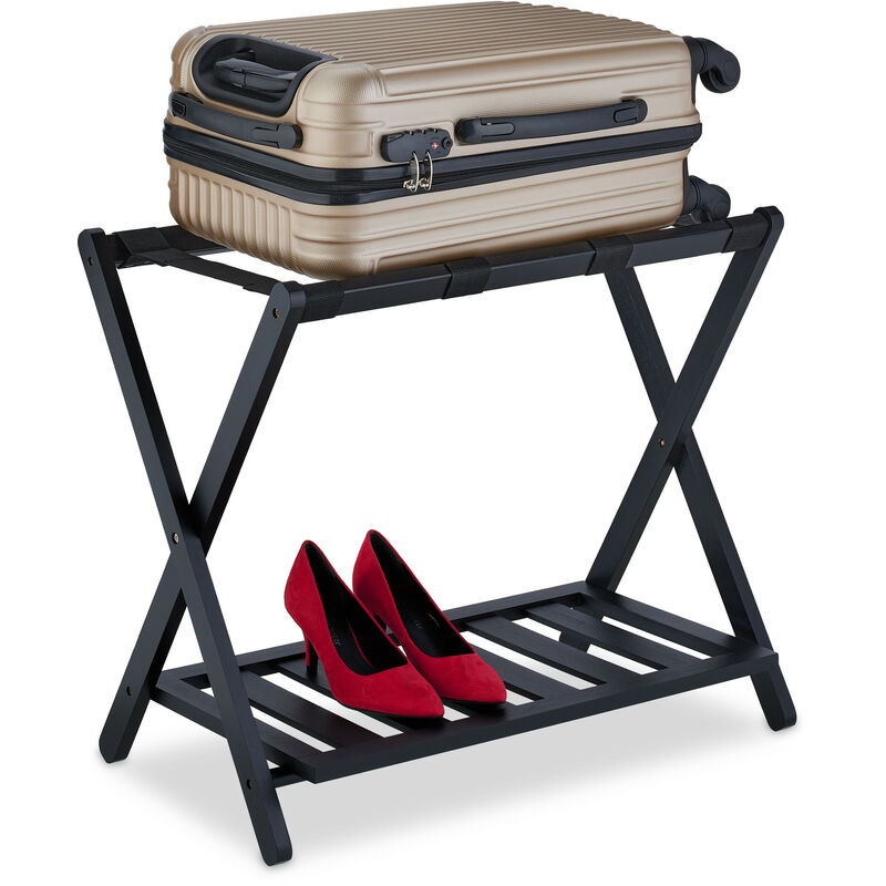 Relaxdays - Repose-valise, pliant, bambou, HxLxP : 59x68x40 cm, porte-bagage avec étagère, support sac voyage, hôtel, noir