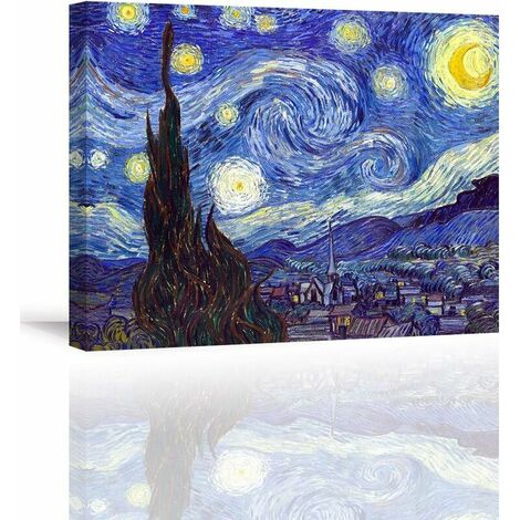 Reproduction de Starry Night by Van Gogh Impression sur Toile, Tableau de Paysage Abstrait, Tableau Moderne Photo sur Toile pour Déco d'art Murale en Salle de Bain Cadeau Noël Nouvel an,T-Audace