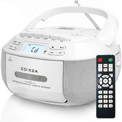 Reproductor de CD Boombox con Bluetooth, radio FM, reproducción USB/AUX, sonido estéreo con control remoto, grabación de cintas, alimentación CA/CC, reproductor de CD personal para el hogar (blanco)
