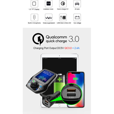 Reproductor MP3 Bluetooth para coche con cargador USB QC3.0 para encendedor de cigarrillos, cargador rápido compatible con coches.