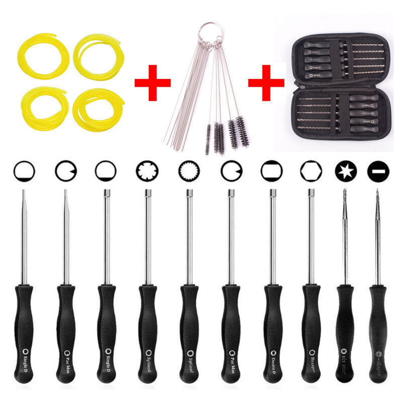 Lot de 10 outils de réglage de carburateur + mallette de transport + kit de nettoyage + tube de carburant pour moteur à carburateur à 2 temps commun