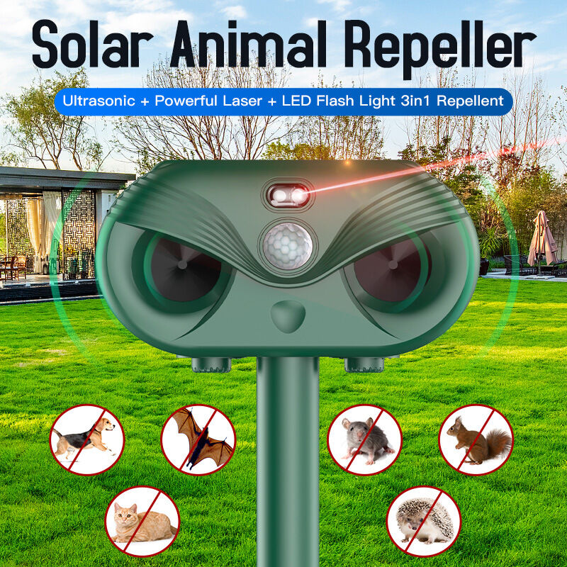 Répulsif à ultrasons pour chat - Étanche - 4 modes - Répulsif à ultrasons solaire avec détecteur de mouvement - Lumière clignotante pour jardin,