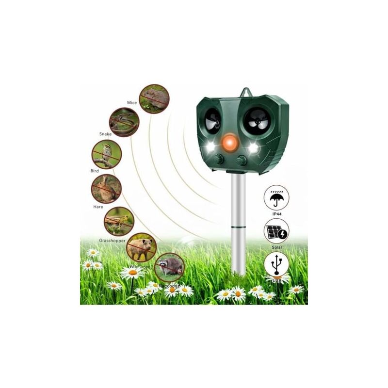 Répulsif à ultrasons pour chat-répulsif solaire pour chat étanche et réglable en fréquence avec alarme et lumières clignotantes pour repousser les