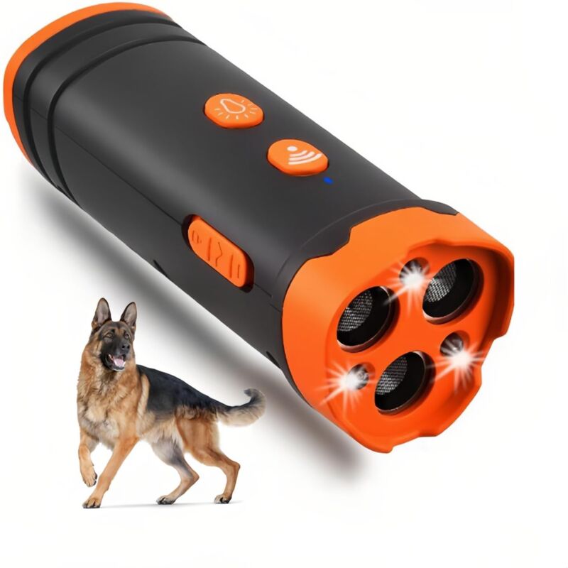 Répulsif à ultrasons pour chien avec lampe de poche LED à trois têtes - Dispositif anti-aboiement longue portée - Facile à transporter - Intérieur et