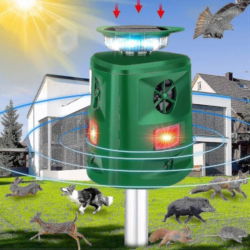 Répulsif anti-chats d'extérieur - Répulsif solaire ultrasonique 360° avec détecteur de mouvement et lumière LED, 5 modes, étanche