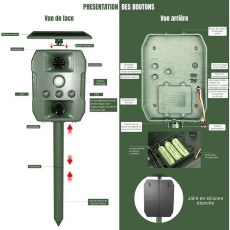 Repulsif Chat Exterieur Ultrason - Anti Chien Pigeons Souris Rats - Solaire USB Multifonctions LED Sonore - Pique Vibrations - Chasse Taupe - Repousse Rongeur - Appareil Puissant Efficace