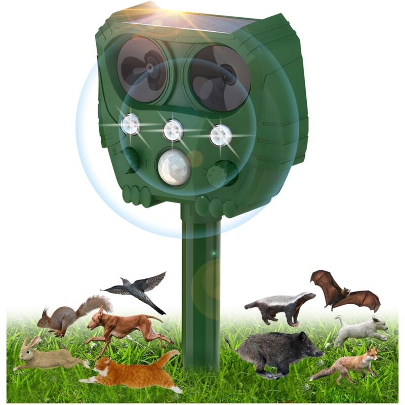 Répulsif Chat Ultrason, Répulsif Chat Exterieur, Repulsif Chat Solaire avec 5 Modes, Solaire et Chargement USB, Lumière LED, Détecteur de Mouvement