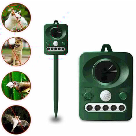 Repulsif d'oiseaux a ultrasons solaire exterieur, double charge solaire et USB, conception etanche, batterie integree, vert herbe