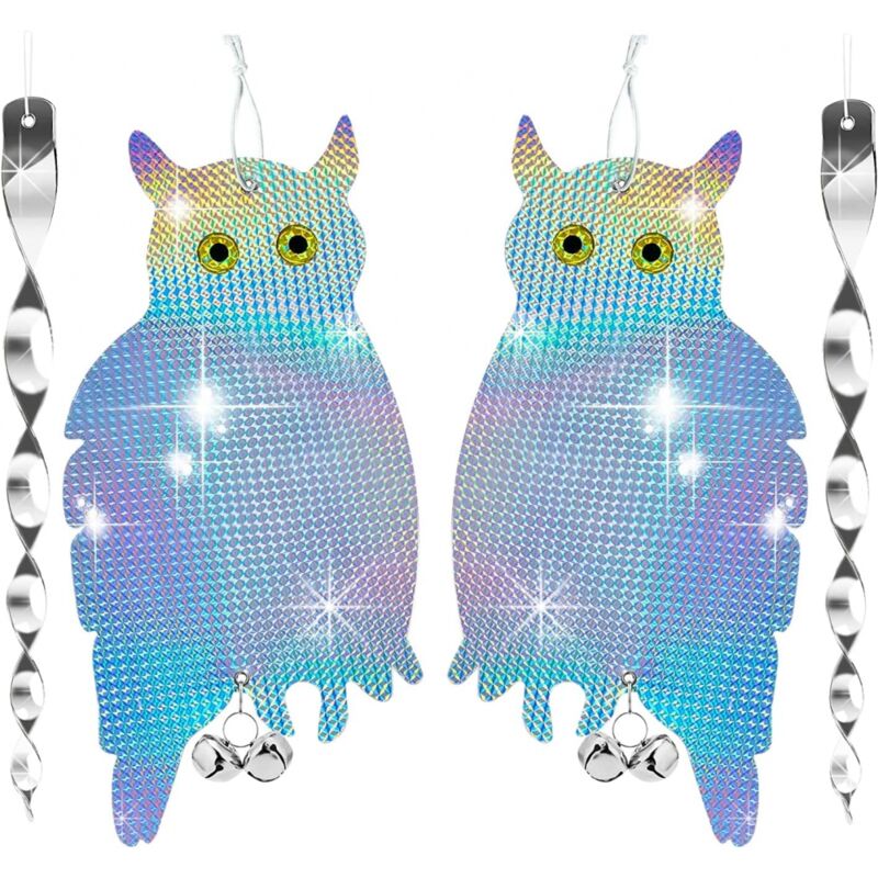 Sunxury - Répulsif Oiseaux Chouette Hibou Réfléchissant 2Pièces Effaroucheur Oiseaux Réfléchissant Pigeon avec Clochette Anti Oiseau pour Oiseaux