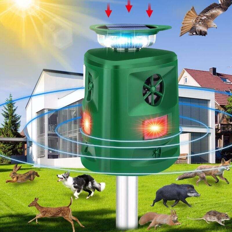 Trimec - Répulsif pour chats, répulsif solaire à ultrasons pour animaux à 360 °, dissuasif pour les renards avec capteur de mouvement, 5 modes