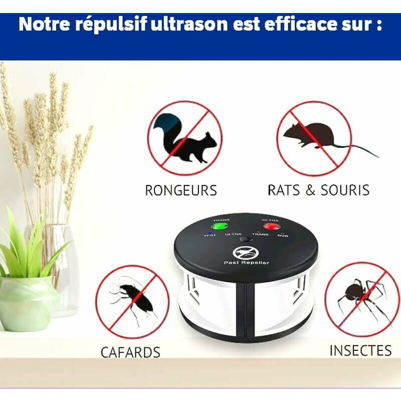 Répulsif pour insectes et animaux, Répulsif ultrason 360° anti rats, souris, rongeurs, cafards et insectes.