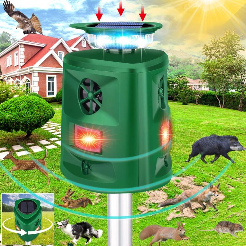 KZQ - Répulsif solaire pour animaux à ultrasons à 360° pour l'extérieur, avec détecteur de mouvement et lumière clignotante, répulsif pour chien,