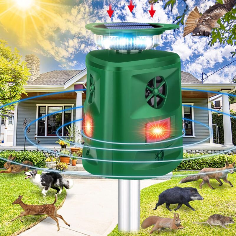 Rapanda - Répulsif solaire pour animaux – Répulsif à ultrasons à 360° pour extérieur – Avec détecteur de mouvement et lumières clignotantes –