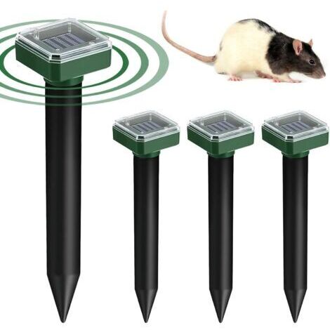 Répulsif solaire pour taupes – Lot de 4 – Émet des ondes de vibration pour repousser taupes, campagnols et rongeurs – Imperméable et résistant aux intempéries