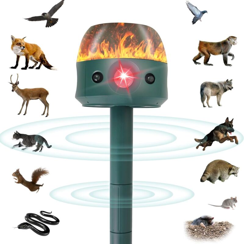 KZQ - Répulsif solaire ultrasonique pour animaux, 5 modes, pour extérieur, anti-chats, écureuils, avec détecteur de mouvement, flamme lumineuse,