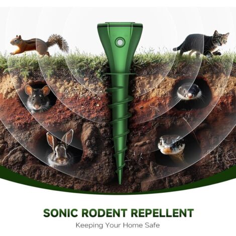 Répulsif taupes solaire (pelouses), piquets répulsifs spermophiles extérieurs. Éloigne serpents, campagnols, marmottes, suisses sans piège létal. Étanche, sûr pour animaux domestiques.1Pcs