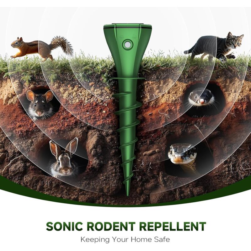 Répulsif taupes solaire (pelouses), piquets répulsifs spermophiles extérieurs. Éloigne serpents, campagnols, marmottes, suisses sans piège létal.