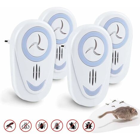 Répulsif Ultrason,4 Pack Répulsif Ultrason Anti Moustiques,Anti-Rongeurs Insectes,Électronique Repulsif Moustique Intérieur pour Souris Rats Moustiques Coquerelle Mouches Cafards Fourmis Araignées