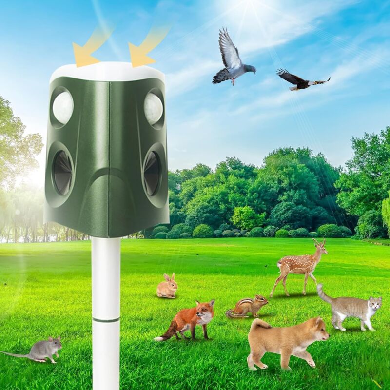 Répulsif ultrasonique à 360 °, répulsif d'écureuil extérieur solaire 2024 avec capteur de mouvement, clignotant sonore et LED, répulsif de cerf