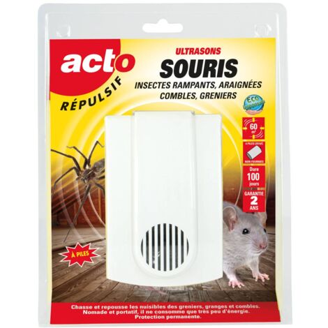 Répulsif ultrasons pour souris, insectes rampants et araignées – Technologie ultrasonique > 20 kHz – Utilisation intérieure – Non toxique – Acto