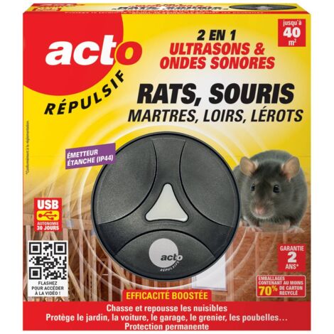 Répulsif Ultrasons & Sonore pour Rats, Souris, Martres  Protection 40m²