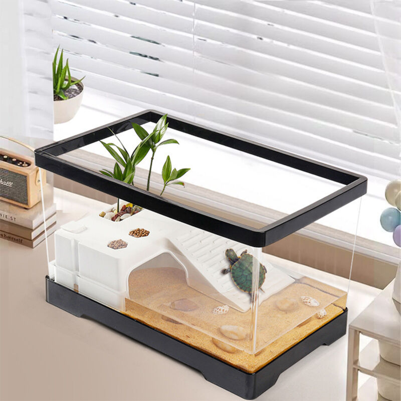 Réservoir De Tortue Transparent, Réservoir De Poissons D'Aquarium Avec Drain De Fond, Réservoir De Reptiles Avec Plate-Forme De Bronzage, Boîte