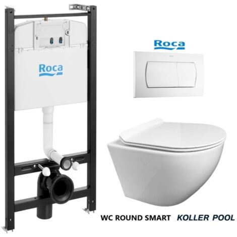 Réservoir Encastrable ROCA Active pack et Bati-Support à plaque  Blanc avec WC suspendu ROUND par KP White abattant fin