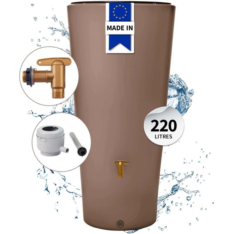 4rain Kit Réservoir VASO 2en1 220L taupe avec robinet PE imitation laiton, bac à plantes intégré et collecteur Eco gris