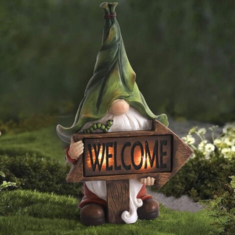 Resin Garden Statue - Long Bearded Christmas Tomte with Welcome Sign with Solar LED Lights, Outdoor Lawn Decoration, Ornament Gift