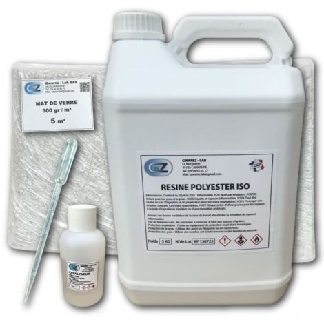 Résine Polyester 5 Kg + 5 m² Tissu de verre 300 gr/m² + Catalyseur + Pipette dosage 10 ml