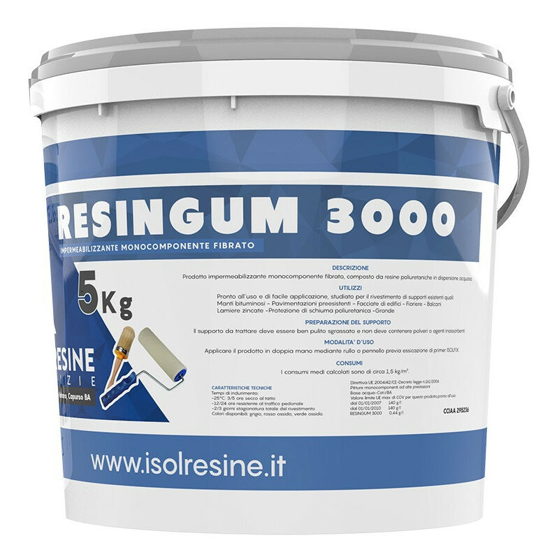 Bigmat - resingum 3000 - resina impermeabilizzante monocomponente fibrato all'acqua pronto all'uso colore grigio 15 kg - isolresine