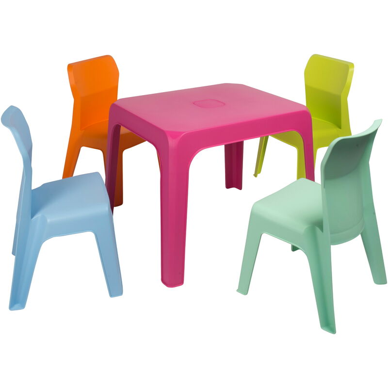 

Jan set infantil para interior, exterior, jardín - 1 mesa fucsia + 4 sillas aquamint/naranja/verde lima/azul cielo - Resol
