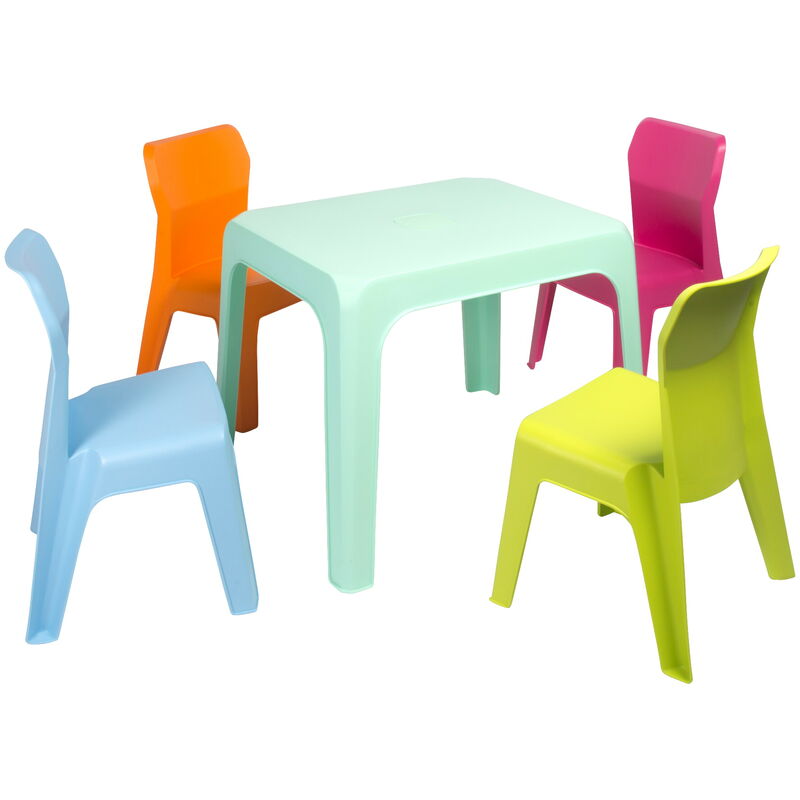 

Jan set infantil para interior, exterior, jardín - 1 mesa aquamint + 4 sillas fucsia/naranja/verde lima/azul cielo - Resol