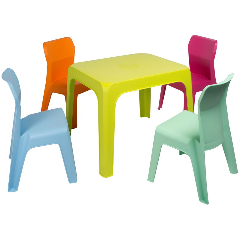 

Jan set infantil para interior, exterior, jardín - 1 mesa verde lima + 4 sillas fucsia/aquamint/naranja/azul cielo - Resol
