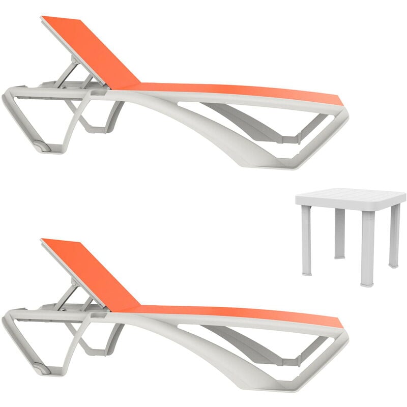 Resol - marina-andorra Chaise Longue-Table Auxiliaire Extérieur Set 2+1 Structure Blanche - Textilène Orange - Structure Blanche - Textilène Orange