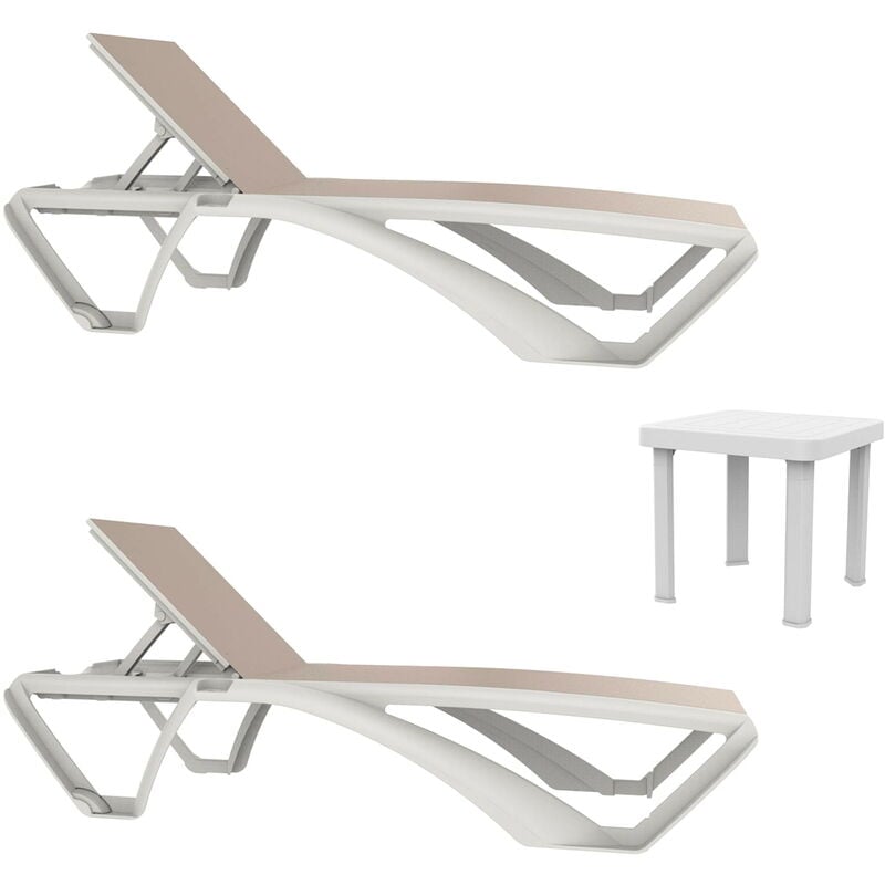Marina-andorra Chaise Longue-Table Auxiliaire Extérieur Set 2+1 Structure Blanche - Textilène Beige - Resol