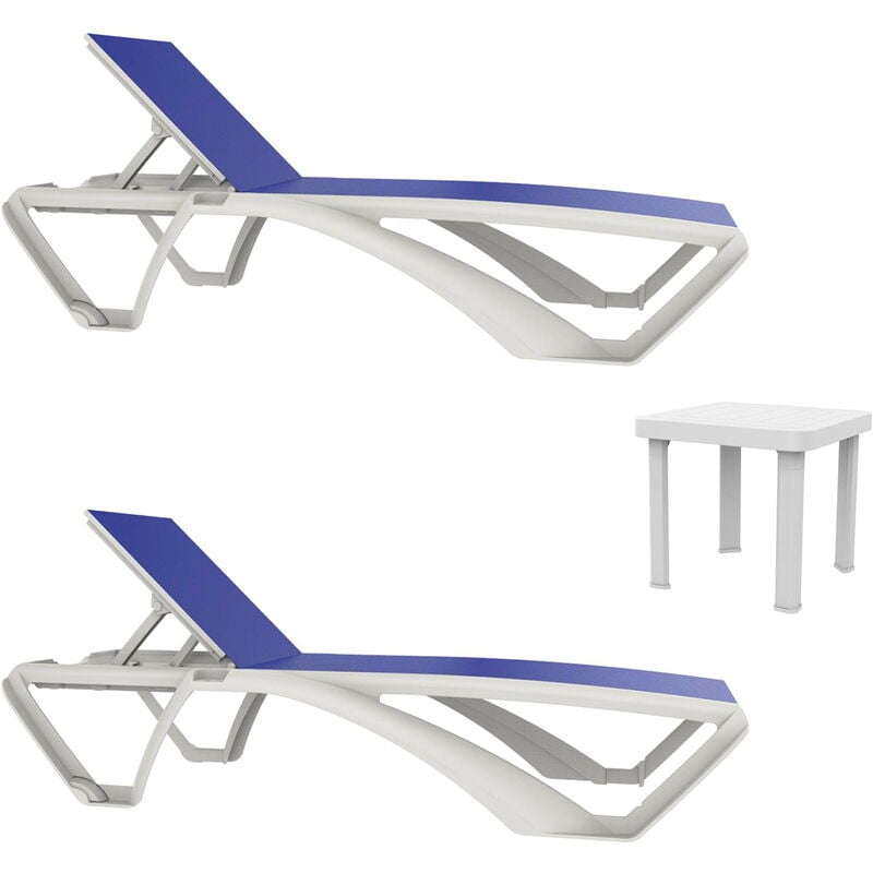 Marina-andorra Chaise Longue-Table Auxiliaire Extérieur Set 2+1 Structure Blanche - Textilène Bleu - Resol