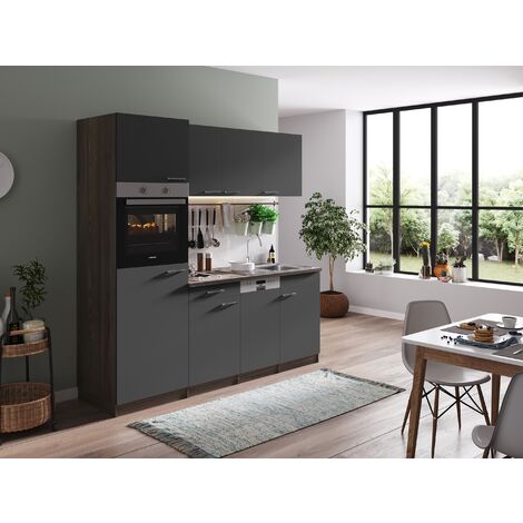 Respekta – Cuisine complète kitchenette intégrée 205 cm – Chêne York gris – Évier inox 860x435mm – Réfrigérateur 87,1x54x54cm – Four 2300W