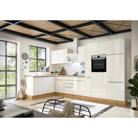 Respekta – Cuisine d'angle Marleen 370 cm – Bois composite – Plan de travail 38 mm – Évier inox 860 x 435 mm – Hotte avec éclairage LED
