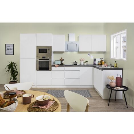 Respekta – Cuisine d'angle sans poignée blanche 345 x 172 cm – Façades brillantes premium – Plans de travail aspect granit 38 mm – Four encastré A