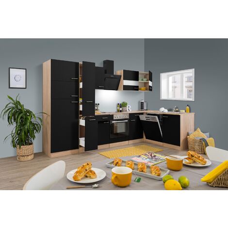 Respekta – Cuisine d'angle vide 310x172 cm – Chêne noir Merle – Plans de travail 28 mm – Poignées look inox – Tiroirs Soft-Close