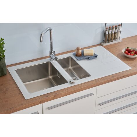 Respekta – Évier 2 bacs en verre blanc 100 x 50 cm – Encastrable réversible – 8 mm ESG – Résistance jusqu'à 180 °C – Pour meuble bas 60 cm