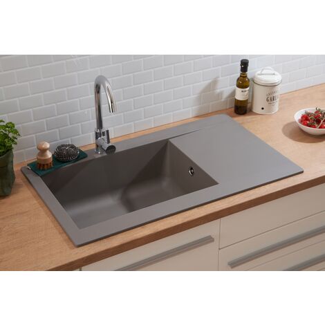 Respekta – Évier à encastrer 1 bac en granit minéral 86 x 50 cm – Couleur gris béton – Résistance aux chocs et produits chimiques – Pour meuble bas 60 cm