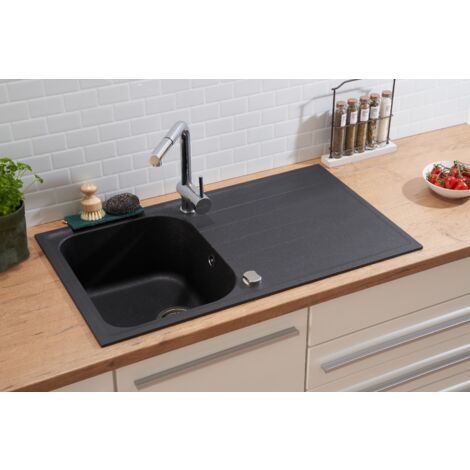 Respekta – Évier de cuisine 1 bac en granit noir à encastrer 86 x 50 cm – Résistant à la chaleur jusqu'à 180°C – Protection antibactérienne – Made in Germany