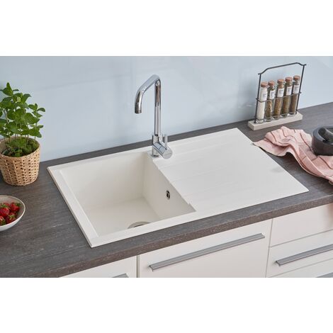 Respekta – Évier de cuisine à encastrer 1 bac en granit Mineralite blanc – Réversible – Résistant aux chocs et aux produits chimiques – Dimensions 80 x 50 cm
