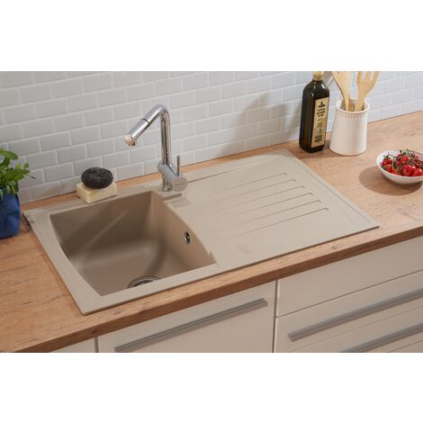 Respekta – Évier de cuisine à encastrer 1 bac Mineralite beige sable – Dimensions 86 x 50 cm – Résistance aux chocs et aux UV – Pour meuble bas de 45 cm