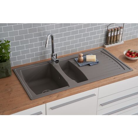 Respekta – Évier de cuisine à encastrer 1,5 bac – Mineralite gris béton – Montage réversible – Résistant aux chocs et produits chimiques – Pour meuble bas 60 cm